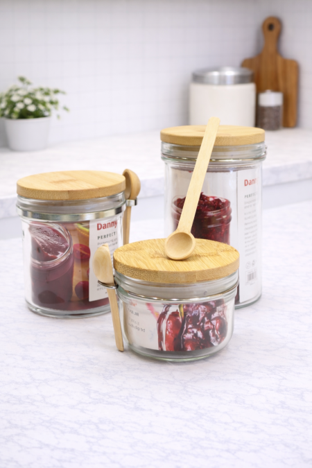 علب - مع ملعقة خشب  غطاء بامبو ضغط