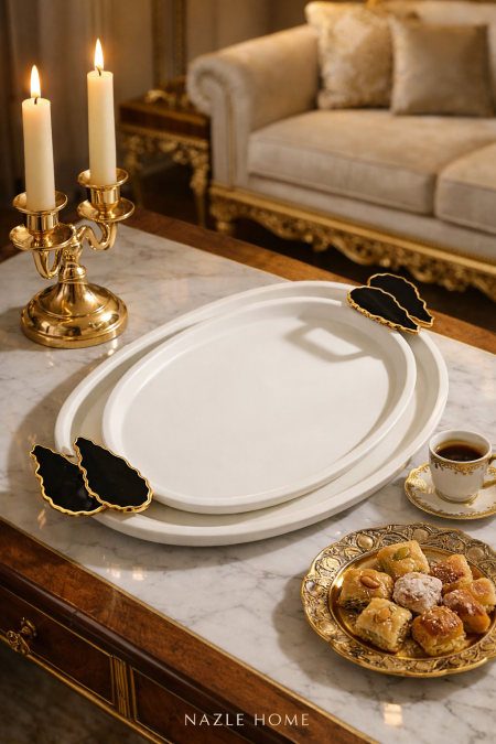 طقم صواني قطعتين بيضاوي ابيض يد اسود