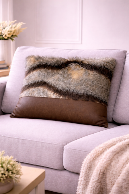 كوشينز جلد بني مع فرو ناعم مقلم 30*50