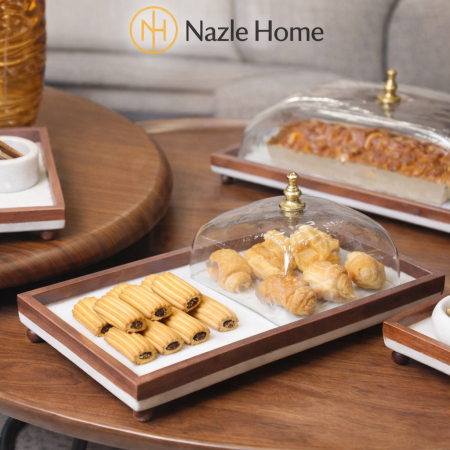 مضيفة تقديم رخام وابيض مع غطا زجاج