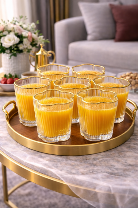 طقم 6 كاسات عصير محزز مع حز ذهبي