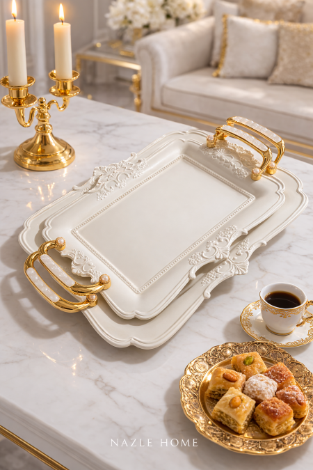 طقم صواني قطعتين ابيض يد ذهبي