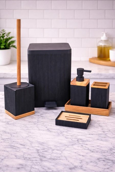 طقم حمام 6 قطع اسود وخشبnew collection