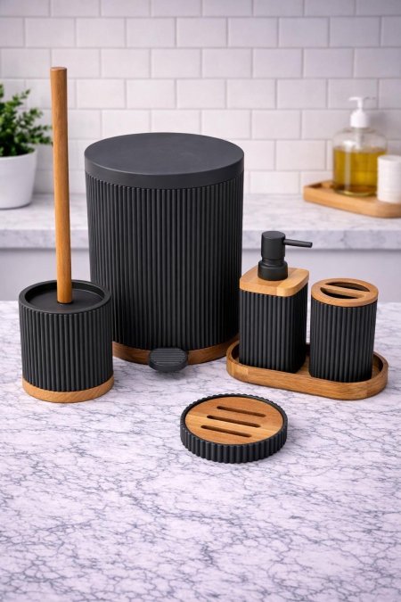 طقم حمام 6 قطع اسود وخشبnew collection