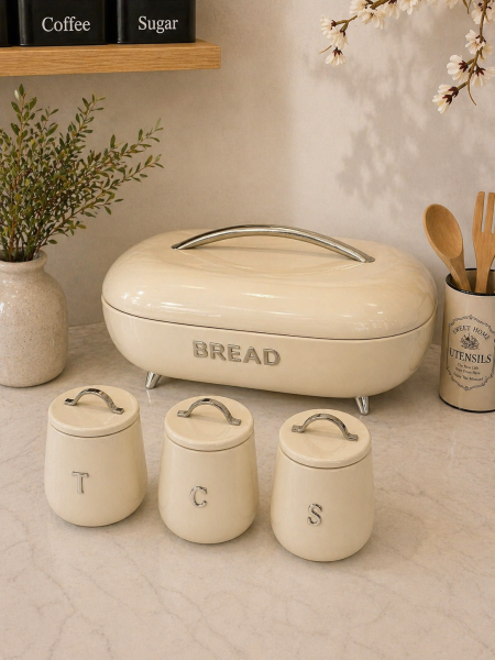 طقم حافظة خبز + 3 سكريات لون افوايت معدن كامل
