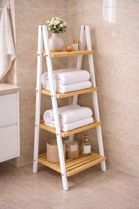 ستاند تنظيم رفوف خشب وابيض بامبو 100*40*30