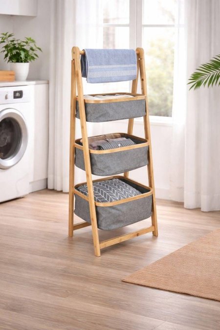 ستاند ديكور للحمام خشب 3 سلال قماش رمادي