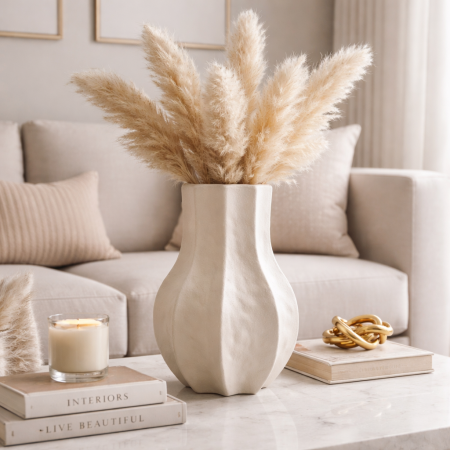 فازة سيراميك ابيض مخطط - كبير