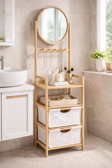 ستاند تنظيم رفوف مع سلال قماش + مرآة بامبو   153*41*33