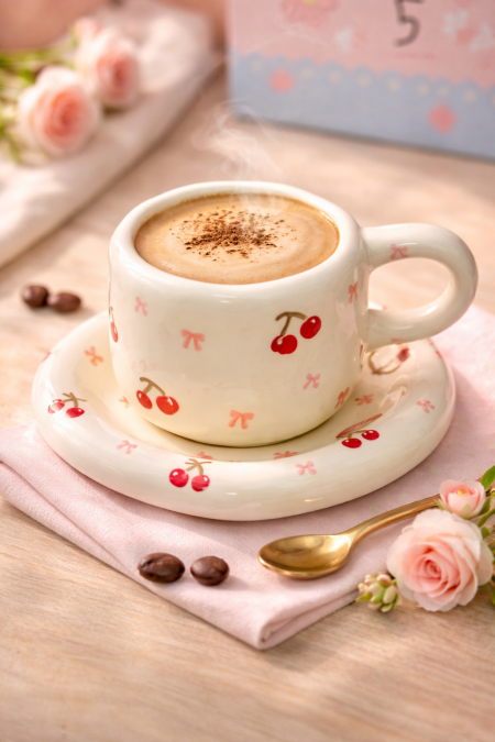 مج ترند ابيض نقشة كرز مع صحن 🍒