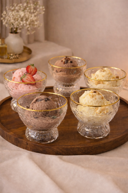 طقم 6 صحون بوظة شفاف مع حز ذهبي