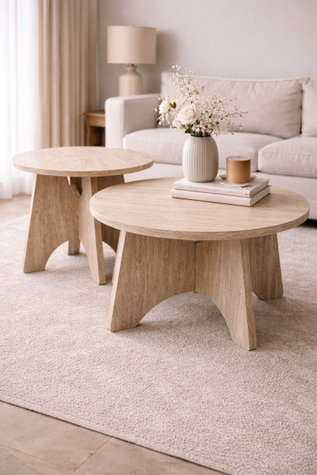 طقم طاولات بتصميم مميز يجمع بين جمال الخشب ومظهر الحجر الطبيعي