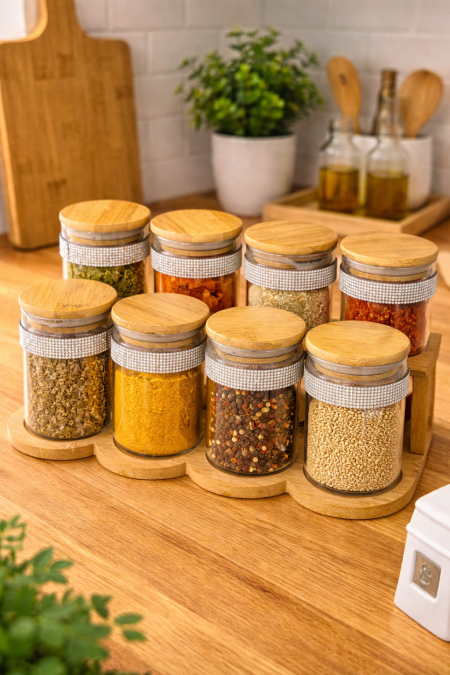 ستاند بهارات خشب مع علب زجاج