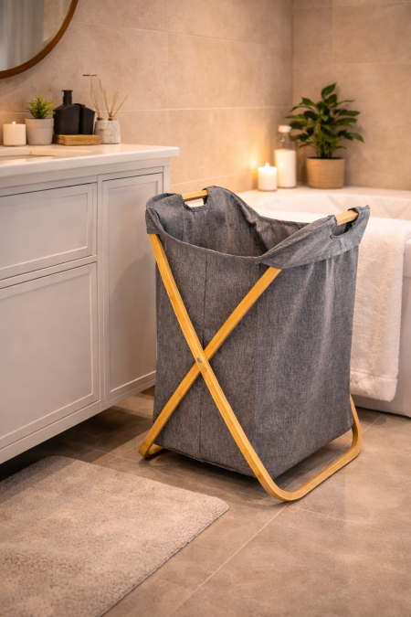 سلة غسيل قماش رمادي مع خشب