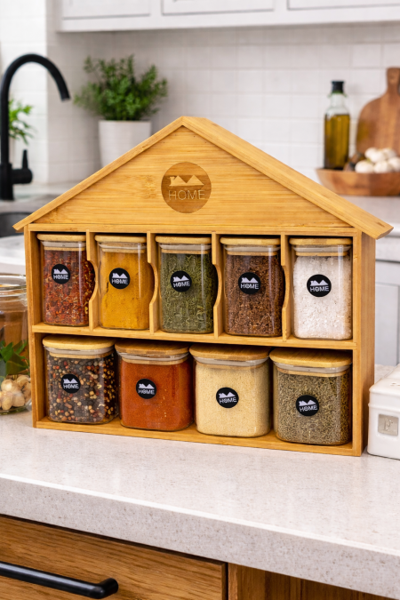 طقم بهارات ستاند خشب طبقتين مع 9 علب زجاج