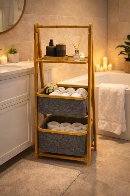 ستاند ديكور للحمام رف + سلتين قماش رمادي