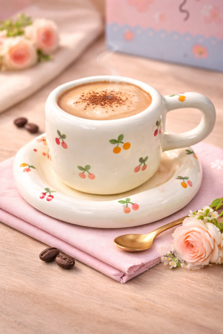 مج ترند ابيض نقشة كرز 🍒 مع صحن