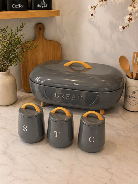 طقم حافظة خبز + 3 سكريات لون رمادي معدن يد خشب