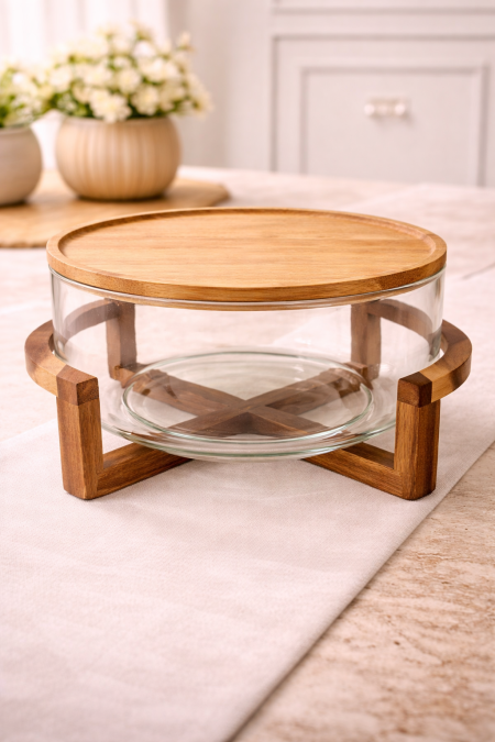 جاط تقديم شفاف مع قاعدة خشب وغطا