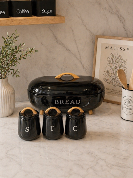 طقم حافظة خبز + 3 سكريات لون اسود معدن يد خشب