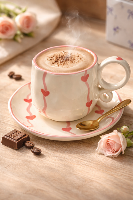 مج ترند ابيض قلوب زهري مع صحن