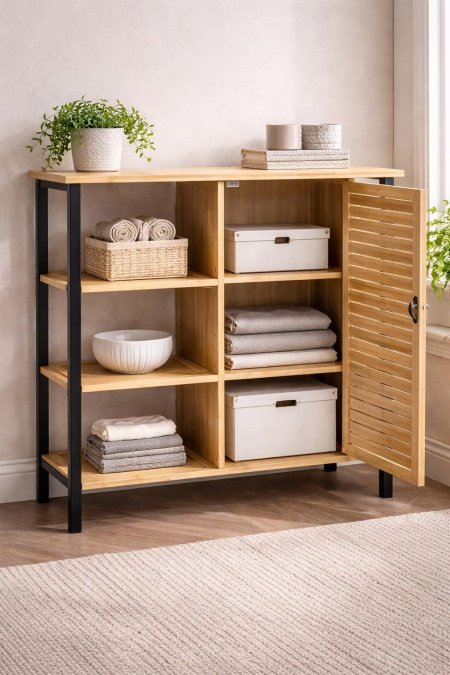 خزانة للتنظيم مع رفوف ديكور خشب واسود بامبو 70*65*28