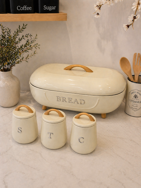 طقم حافظة خبز + 3 سكريات لون افوايت معدن يد خشب