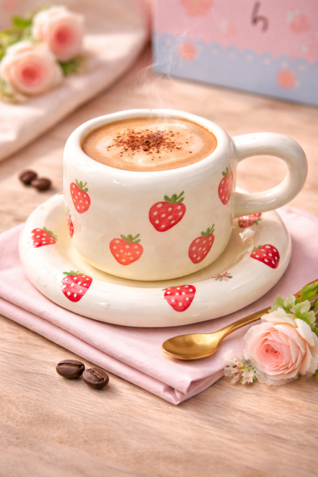 مج ترند ابيض نقشة فراولة 🍓 مع صحن