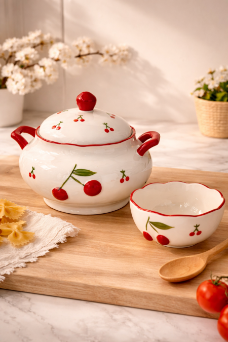 طقم 7 قطع طنجرة + 6 صحون ابيض نقشة كرز 🍒