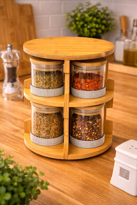 طقم بهارات خشب طبقتين مع 8 علب زجاج