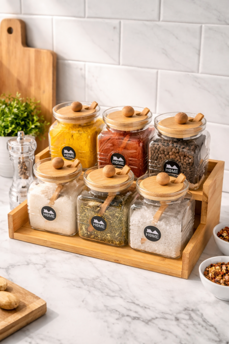 ستاند خشب طبقتين للبهار مع 6 علب زجاج + ملاعق
