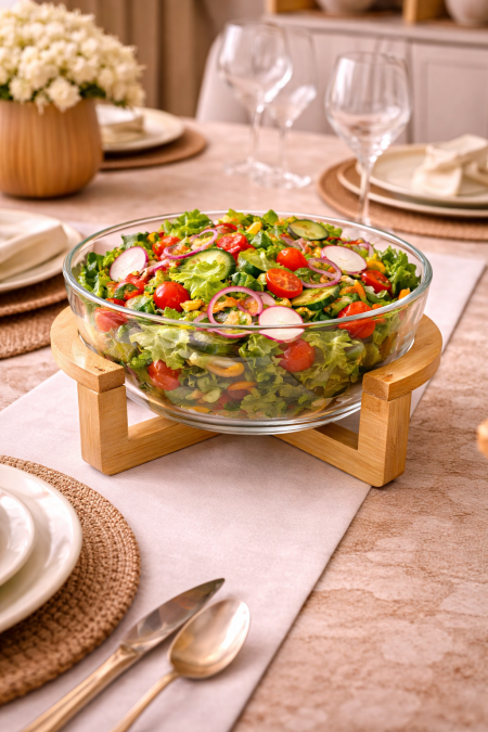 صحن زجاج للتقديم مع قاعدة خشب