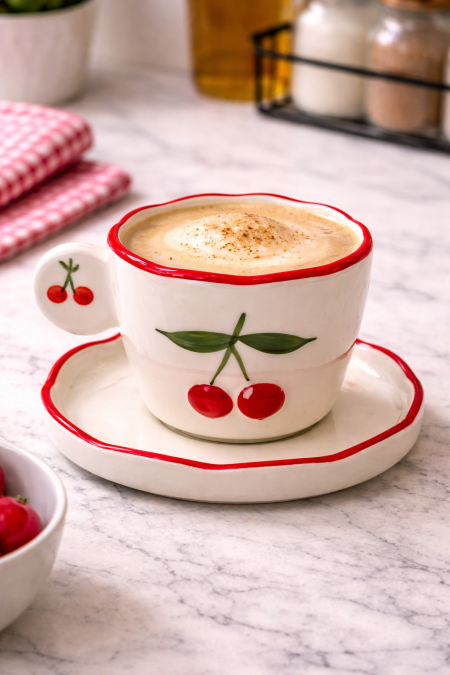 طقم 6 كاسات مع صحون نقشة الكرز 🍒