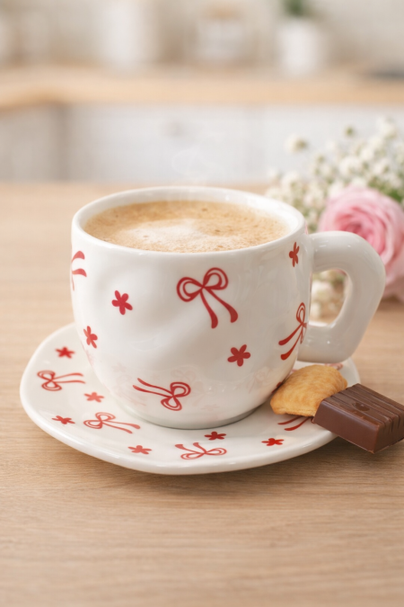 مج فيونكة  احمر مع صحن حجم كبير