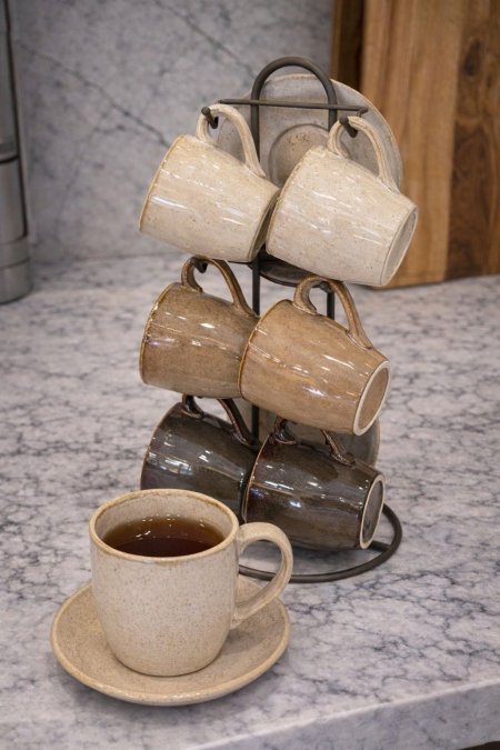 طقم ستاند مع 6 مجات زجاج ملون