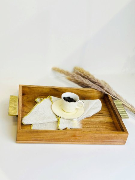 صينية خشب مستطيل يد نحاس هندي