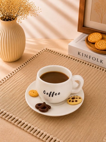 فنجان قهوة مع صحن ابيض كوكيز 🍪