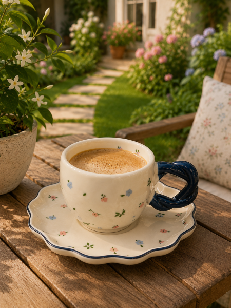 مج نسكافيه مع صحن _نقشة ورد 🌸