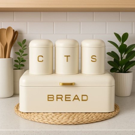 طقم حافظة خبز مع سكريات معدن لون افوايت