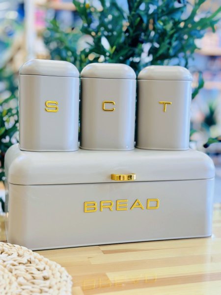 طقم حافظة خبز مع سكريات معدن لون رمادي