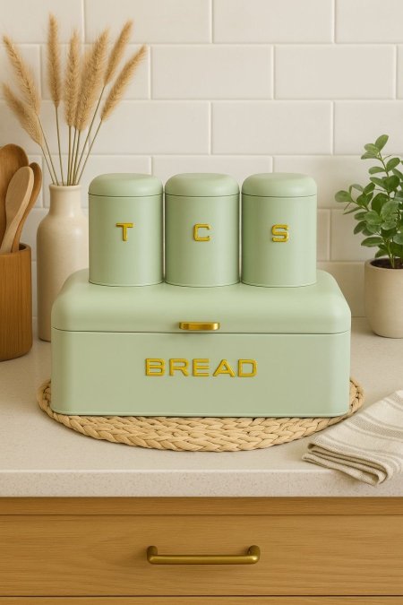 طقم حافظة خبز مع سكريات معدن لون اخضر