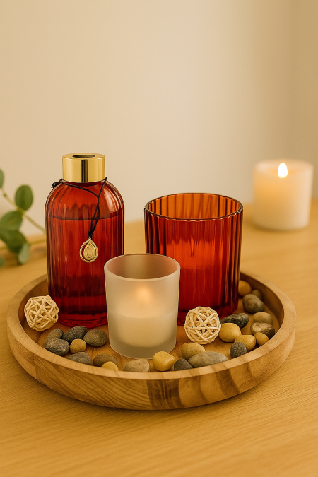 طقم قاعدة خشب مع معطر وشموع - رمان