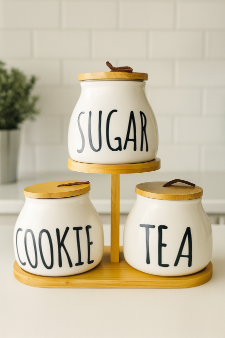 طقم سكريات ابيض زجاج مع قاعدة خشب