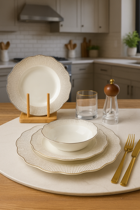 طقم صحون 24 قطعة ابيض منقط