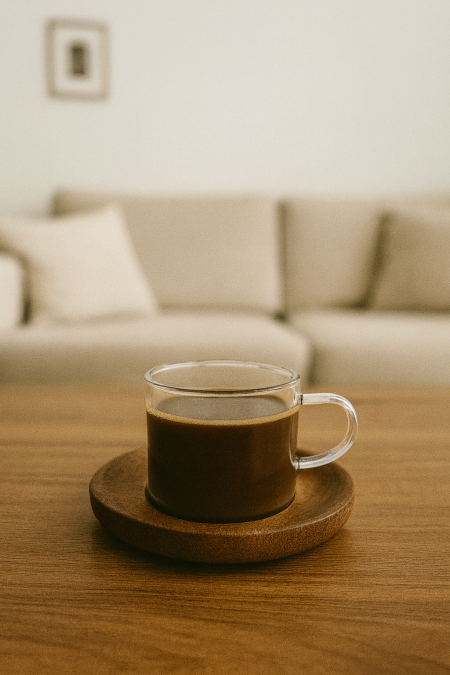 فنجان قهوة شفاف يد خشب