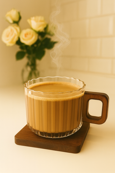 مج شفاف مع صحن خشب