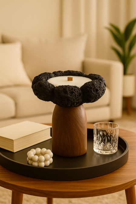 شمعة من حجر اللافا الاسود مع قاعدة خشب