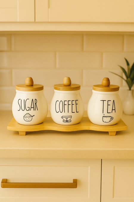 طقم سكريات ابيض مع قاعدة خشب - حجم صغير