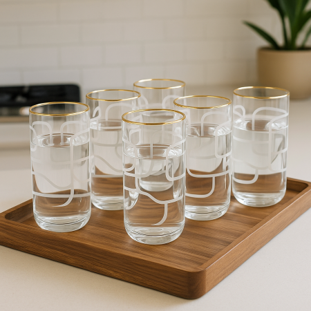 طقم 6 كاسات ماء شفاف زخرفة ابيض