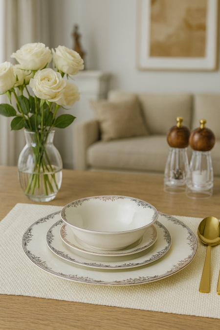 طقم صحون 24 قطعة ابيض منقش كحلي